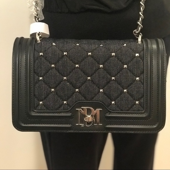 Badgley Mishka black denim, vegan leather adorned with square metal nails bag. - Picture 7 of 15